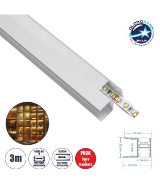 GLOBOSTAR® ALP-R-SHELF DODA 70814-3M Χωνευτό Προφίλ Αλουμινίου Ειδικό για Φωτισμό Ραφιού 18mm με Λευκό Γαλακτερό Πατητό Κάλυμμα για Ταινίες LED IP20 - Ασημί & Λευκό- Μ300 x Π1.5 x Υ2cm - Πακέτο 5 Τεμαχίων